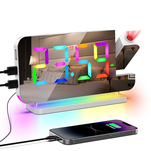 Lancoon Réveil Numérique avec Projection à 180 ° 11 Couleurs RVB Veilleuse 10 Couleurs Volume 15 Niveaux Port de Charge USB A/C Répétition Blanc