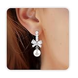 Zimocepuz Pendientes de arco con perlas, pendientes plateados con lazos y perlas, pendientes en forma de gota para mujeres como joya nupcial y regalo de boda