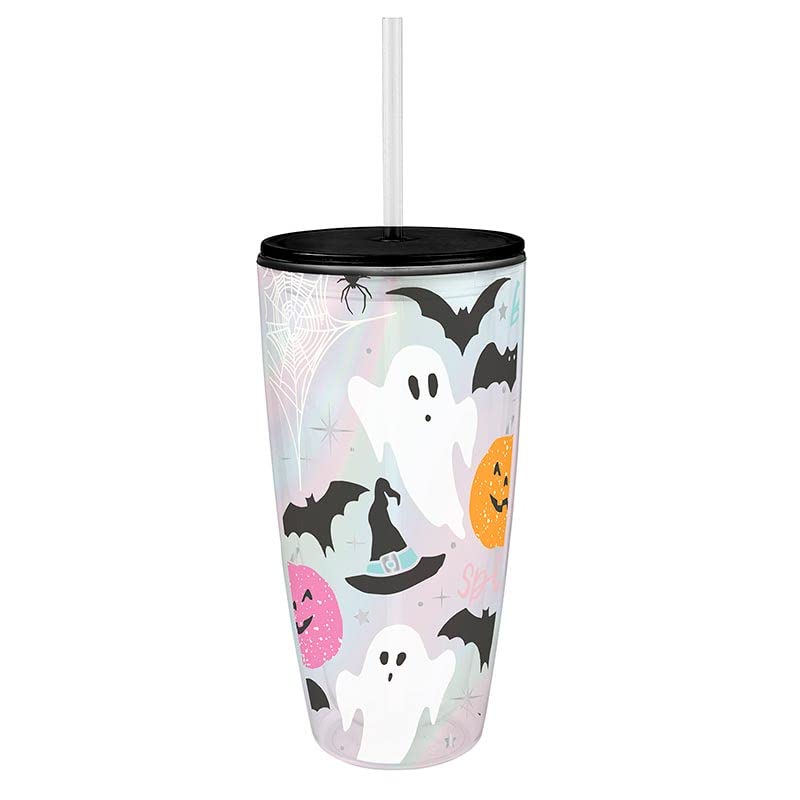 Slant Collections Halloween Acrylic Double-Wall Drink Tumbler with Lid and Straw, 22-Ounce, Ghosts Bats Jack-O-Lanterns