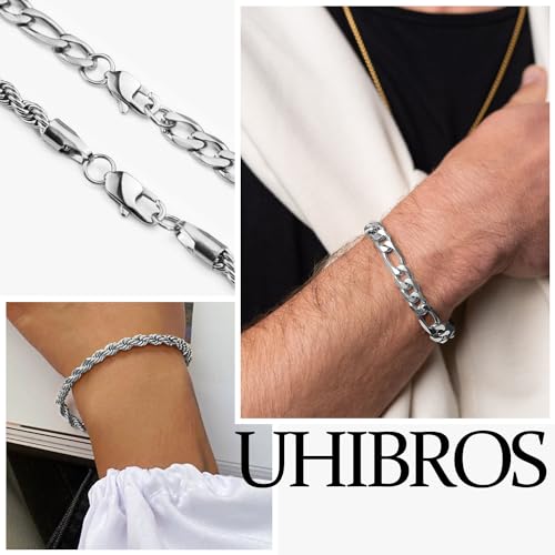 UHIBROS 316L Stainless Steel Chain Bracelet for Men Women, 18K Gold Sturdy Metal Link, Silver Black Cuban/Figaro/Paperclip/Rope Fashion Jewelry Set for Dad, Boyfriend, Husband, Girlfriend2