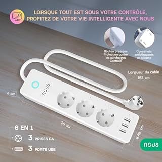 Nous A5 WiFi Multiprise Connectée, 15A, 3 USB, Contrôle Intelligent Compatible avec Alexa, Google Home et SmartThings, domotique, Multiprise Programmable, Protection Surcharge