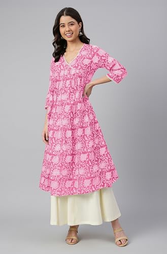 Image of Janasya Women's Pure Cotton Floral Printed Flared Kurta