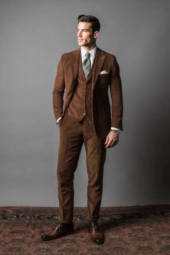 VENNYNG Men's Corduroy 3-Piece Suit Vintage Style Fall Wedding Suit Jacket Vest Pant Set Tailored Fit3