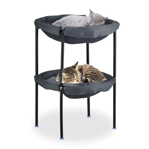 Relaxdays Katzenhängematte, 2 Etagen, erhöhter Katzenhängesessel, HBT: 59x41x43 cm, Doppel-Katzenbett, grau/schwarz
