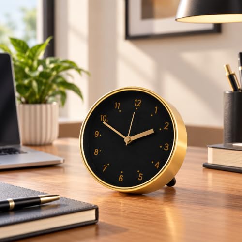 Image of Kuber Industries 6.25 Inch Analog Table Clock with Glass Cover | Silent Non Ticking Battery Operated Desktop for Bedroom, Office, Study Desk | Golden Black