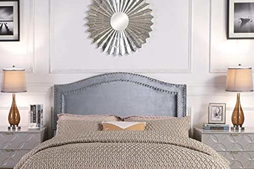 Iconic Home Tal. Headboard Velvet Upholstered Double Row Silver Nailhead Trim Modern Transitional, Twin, Gray