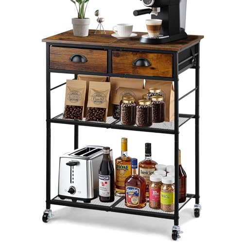 NovaNoka Rolling Coffee Cart with Storage Drawers, Small Coffee Bar Cabinet with Adjustable Shelf and Wheels, Retro Industrial Buffet Sideboard Cabinet for Kitchen, Office, Rustic Brown