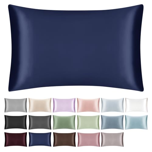 SILKTALE 100% Mulberry Silk Pillowcase for Hair and Skin,Both Sides Natural Silk Bed Pillow Case with Hidden Zipper,19 Momme Grade 6A,1pc,Navy Blue,Standard Size 20x26 Inches