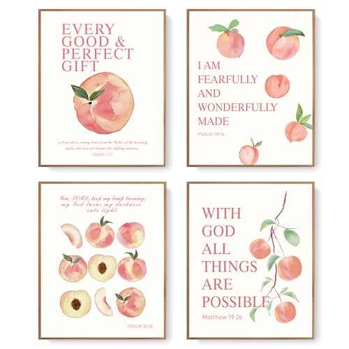 Image of LARTSFRO Coquette Pink Peach Fruits Wall Art Decor Posters, Cute Pink Peach Christian Room Bathroom Bedroom Dorm Wall Art Decor Aesthetic for College Teen Girls Gifts, Inspirational Bible Verses Wall Decor, 10x8 Inch Set of 4 Pcs Fruits Pictures (UNFRAMED)