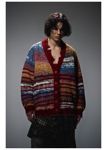 Y2K Colorblock Cardigan, Open Front V-Neck Oversized Sweater, Gradient Pinstripe - Colorful Knit Cardigans3