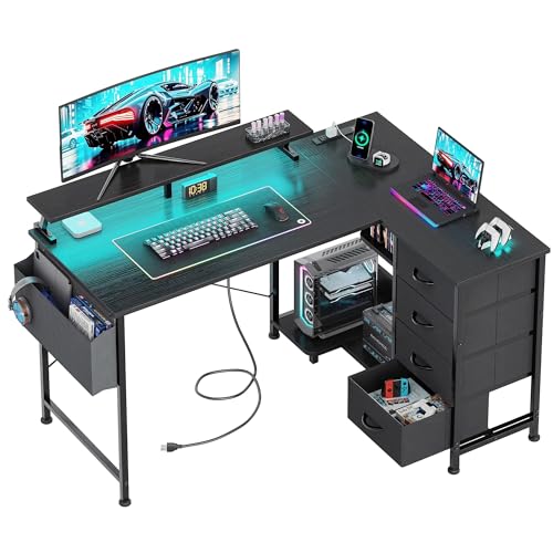 Image of VERMESS 47 inch Reversible L Shaped Gaming Computer Desk, Corner Desk with Power Outlets & Monitor Stand, Writing Study Table with 4 Storage Drawers, Desk with LED Lights, Black