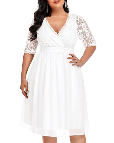 Image of Pinup Fashion Plus Size Lace Chiffon Wrap V Neck Dresses Women Cocktail Wedding Guest Midi Dress