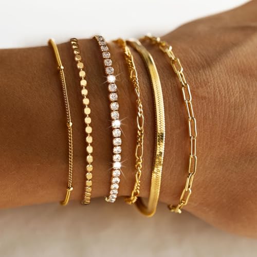 Image of Shining Diva Fashion Gold Plated Bracelet Set for Women & Girls | Set of 6 Trendy Chain Bracelets | Adjustable Layered Bracelet Combo for Daily Wear, Party, Office & Gifting