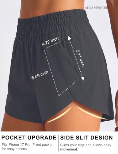 Image of BMJL Women's Athletic Shorts Running Workout Shorts Gym High Waisted Summer Short with Waistband Pocket | built-in liner,thick elastic waistband,split side,comfy fabric,zipper pocket,longer back,workout,athletic,curved back line