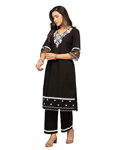 Image of FIORRA Women's Balck Cotton Floral Embroidery Straight Kurta with Palazzo