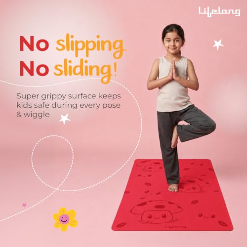Image of Lifelong Kids Yoga Mat with Carrying Strap | Non-Toxic Yoga Mat for Children Workout & Exercise | Slip-Resistant Floor Mat for Kids Fitness, Play & Meditation | Exercise Mat for Home (Red)
