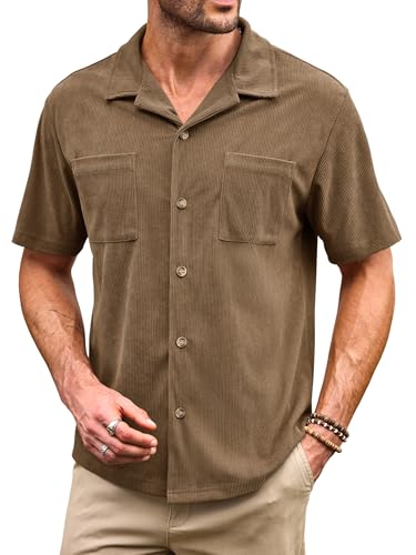 Herberton Men Shirts Gentle Countryside Wedding Party Tops Short Sleeve Cuban Collar Summer Corduroy Textured Button Down Casual Beach Pockets Wrinkle Free No Iron Collared Shirts Brown L