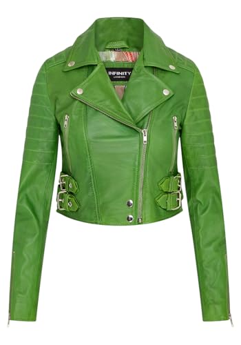 Infinity Leather Chaqueta Corta de Mujer, Estilo Gótico, Estilo Motero, Color Verde Manzana, de Cuero Auténtico.