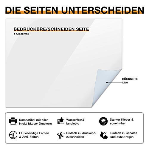 HTVRONT bedruckbares Vinyl für Tintenstrahldrucker & Laserdrucker – 40 Blatt glanzweißes bedruckbares Vinyl-Aufkleberpapier für Tintenstrahldrucker, 216x279 mm (140 g/m²)