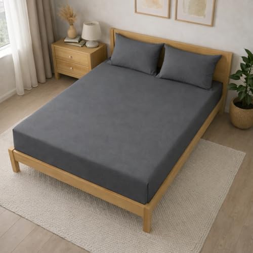 Image of THE HOME STYLE Solid Plain Cotton Feel Fitted Bedsheet (72x78 inches) with Reversible Comforter (90x100 inches) | King Size | 2 Pillow Covers | 300 TC | 4-Piece Bedding Set (Ash Grey)