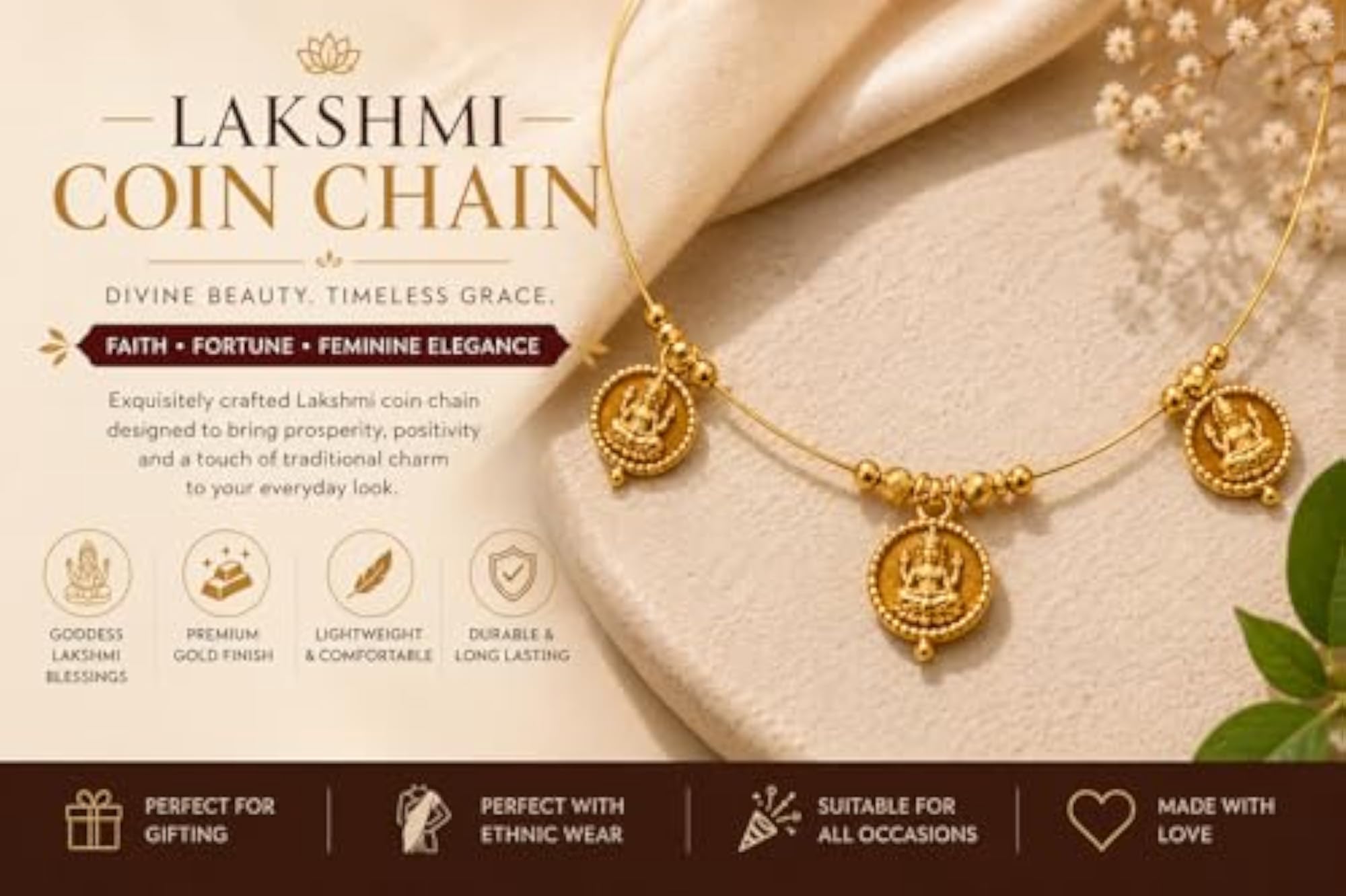 Premium Lakshmi Coin Chain Necklace for Women, Traditional Design