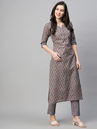 Image of GoSriKi Women's Cotton Blend Printed Straight Kurta With Pant