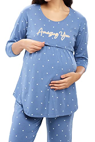 Image of ZEYO Women's Cotton Heart Printed Maternity & Feeding Night Suit Set Of Top & Pajama Set Nursing Night Dress 5629