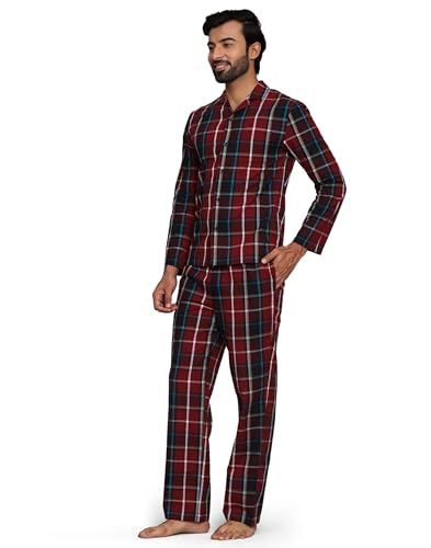 Image of B STORIES Men's 100% Cotton Full Sleeve PJ Set - Checkered Nightwear Set | Soft Loungewear | Comfortable Sleepwear | Stylish Casual Home Wear Shirt & Pant (S-XXL)