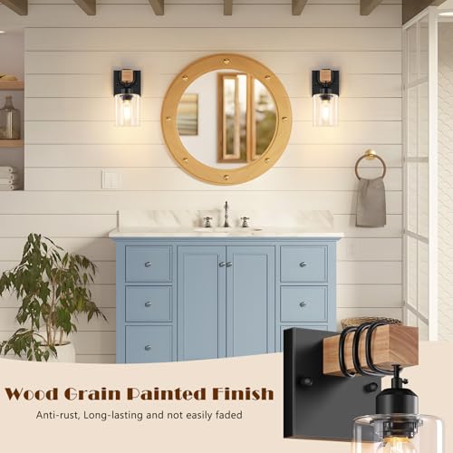 Image of Licperron Farmhouse Wall Sconces 4-Pack, Rustic Wood Vanity Light Fixtures for Bathroom, 1-Light Black Bath Wall Mount Lamp with Clear Glass Shades, Wall Lights for Living Room, Mirror, Cabinet