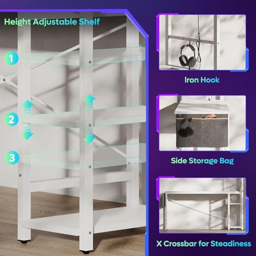 Image of Bestier Gaming Desk with Power Outlets, 61 Inch Large Led Gamer Desk with 4 Tiers Reversible Shelves, PC Gaming Table with Headset Hook & Side Storage Bag for Bedroom (White 3D Carbon Fiber)