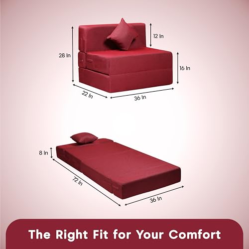 Image of Amazon Brand - Solimo 1 Seater 3 * 6 Jute Fabric Washable Cover Sofa Cum Bed with 1 Cushion 1 Seater Double Foam Fold Out Sofa Cum Bed (Finish Color - Maroon Delivery Condition - Pre-Assembled)