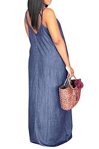 Chuanqi Womens Summer Spaghetti Strap Dresses Casual Denim Deep V Neck Loose Maxi Dress2