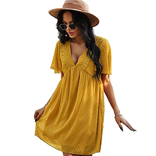 PDBQ Summer Women's Deep V-Neck Sexy Floral Dress, Loose Fit Swiss Dot Short-Sleeved Dress, Casual Polka Dot Plus Size Dress Yellow