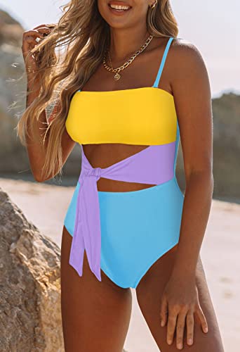 Image of Viottiset Women's Bandeau One Piece Swimsuit Strapless Tie High Cut Out Bathing Suit
