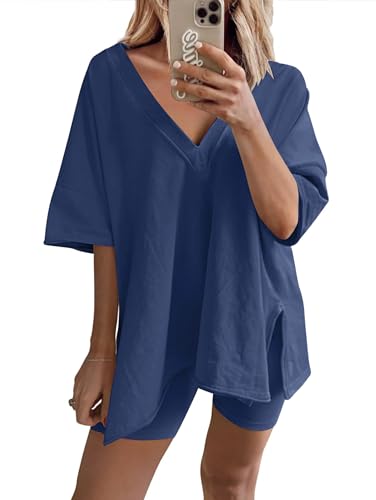 Famulily Loungewear Sets for Women Cycling Shorts and V Neck Oversized T-Shirts Summer 2 Piece Outfits Fitness Clothes Tracksuits Nightwear (S, Blue)