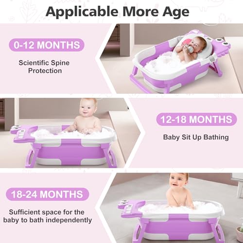Image of Collapsible Baby Bathtub for Newborn, Foldable Baby Bath Tub with Thermometer & Soft Floating Cushion & Drain Hole, Portable Travel Infant Bath Tubs for Newborns to Toddlers 0-36 Months Girls