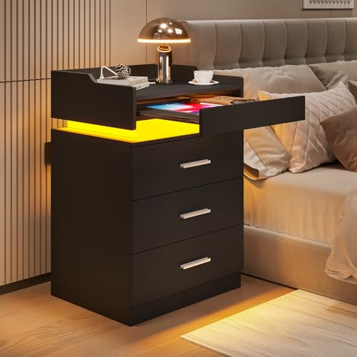 HAUOMS Mesita de noche LED con estación de carga, mesita de noche con estante extraíble, mesita de noche con cajones, moderna mesa auxiliar de almacenamiento, color negro