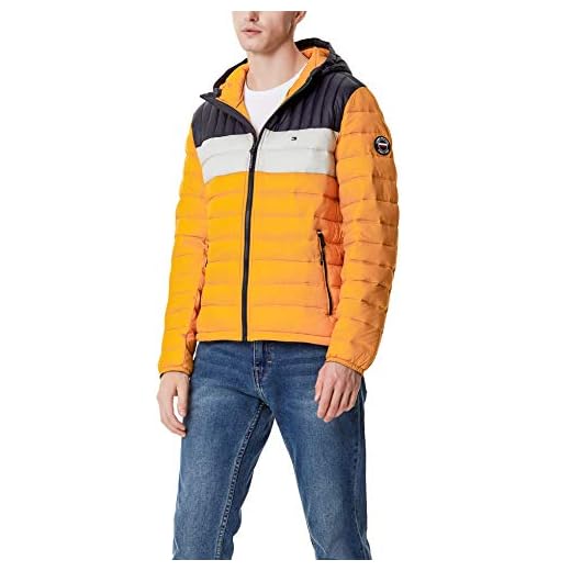 Tommy Hilfiger Jaqueta masculina acolchoada com capuz e forro ultra leve resistente à água, Bloco de cores amarelo/gelo/azul marinho, G