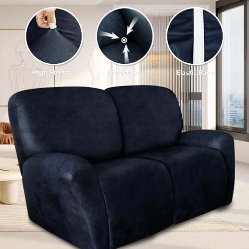 Image of ANARACHON Loveseat Recliner Cover Leather Look Recliner Loveseat Covers Recliner Sofa Cover for 2 Seater Reclining Couch Spandex Fabric Washable 6 Pieces (2 Seater, 02 Navy)