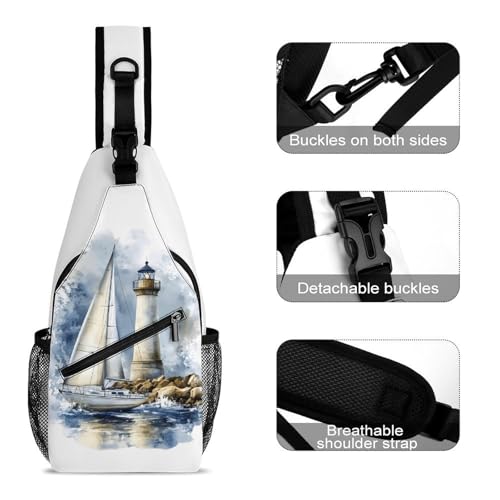 Lighthouse Tower Sea Sail Boat Crossbody Sling Backpack Casual Chest Bag Fanny Pack for Women Men Travel Hiking3