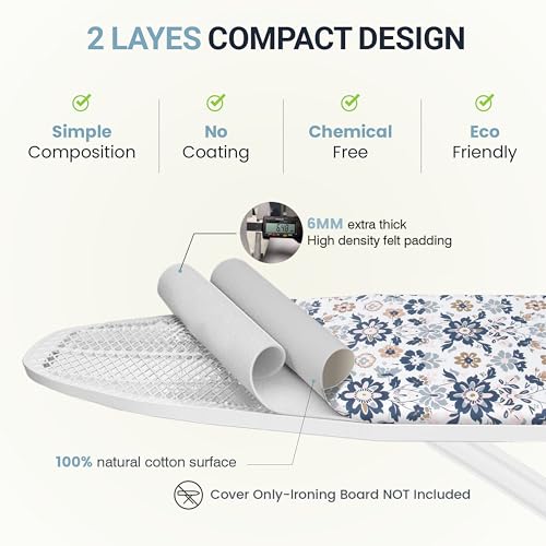 Image of Ironing Board Cover and Pad 18 inchx54 inch Extra Thick Natural Cotton,Scorch and Stain Resistant Iron Board Cover,Extra Large Iron Board Cover with Fasteners Heavy Duty Heatproof Elastic Edge Floral