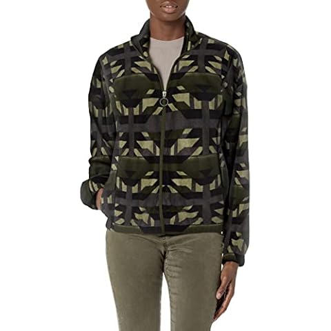 UNIONBAY Women's Micro Fleece Geo Print Mock Neck Full Zip Jacket, Foliage, Medium Cover
