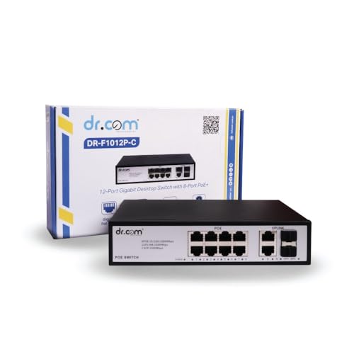 Image of dr.com 12 Port Gigabit PoE Switch with 8 PoE Ports 2 Uplink Ports and 2 SFP Slots 10 /100 /1000 Mbps 120W Power IEEE 802.3af /at Network Switch for CCTV Plug and Play Metal Body Black
