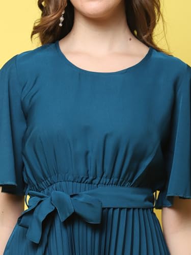 Image of Fabflee Women's Polyester A-Line Standard Length Dress (FB-P1-Pleated-206 L Turquoise L)