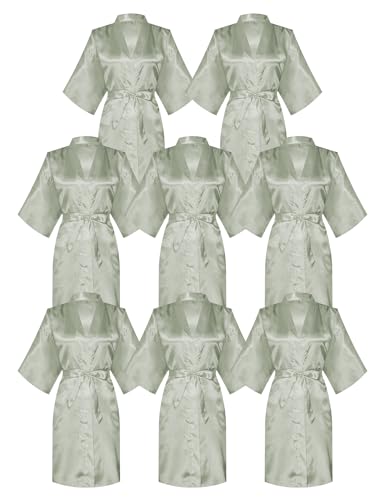 Image of 8 Pcs Bridesmaid Robe Sets Bride Silk Satin Robes Bridal Party Robes Short Getting Ready Outfits Wedding Sleepwear