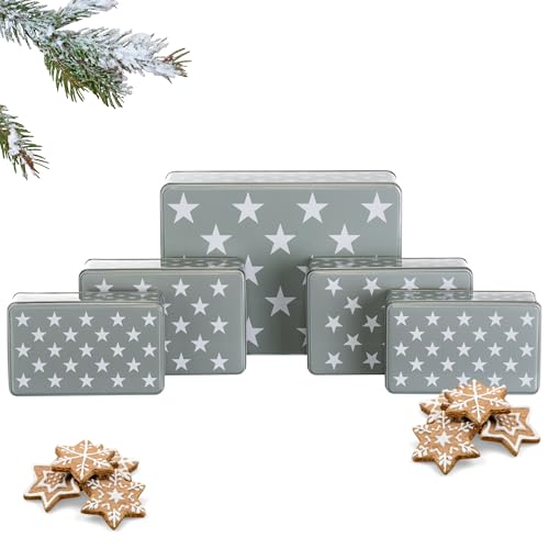 Brandsseller 5er Set Keksdosen aus Metall – Weihnachtsdosen mit Deckel, lebensmittelechte Vorratsdosen für Plätzchen, Gebäck & Kekse – Grau Sterne