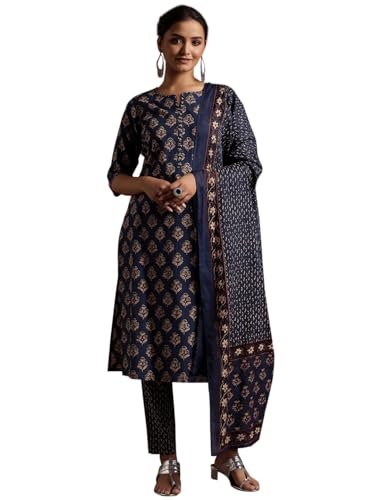 Image of Libas Womens Printed Cotton Straight Kurta With Trousers and Dupatta | daily wear suit