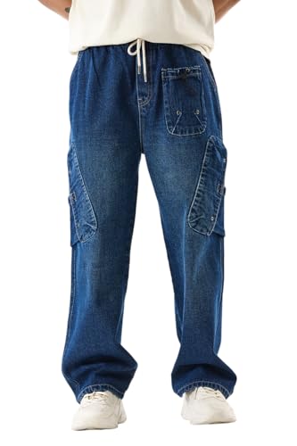 Image of SNITCH Men Cargo Pants | Relaxed Fit with Drawstring Closure & Multiple Utility Pockets | 100% Cotton Denim for Casual & Streetwear Styling