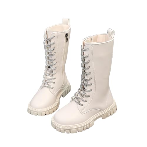 Girl's Fashion Combat Boots Mid Calf Knee High Lace-Up Detail Faux Leather Motorcycle Booties Wear To Outdoor Fall