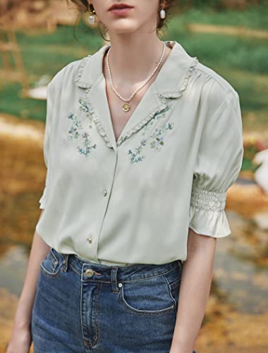 Simple Retro Women Floral Embroidered Frilled Collar Shirred Flounced Half Puff Sleeves Blouse Mint Green S #TOP3